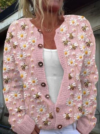Crew Neck Long Sleeve Plants Fashion Regular Cardigan main image 0