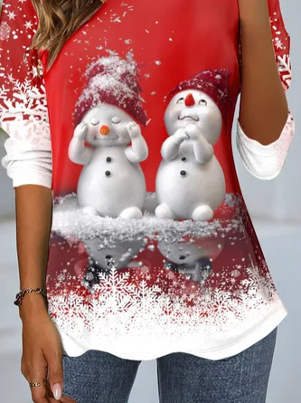 Casual Christmas Snowman Print Crew Neck Long Sleeve T-shirt - Image 3