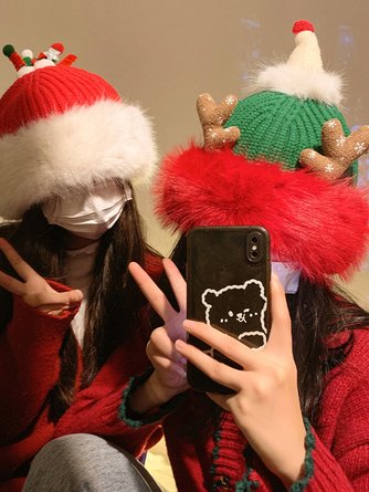 Cute Christmas Antlers Red Plush Hat Women's Winter Warm Thickened Ear Protection Beanie - Image 8