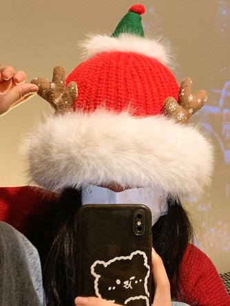 Cute Christmas Antlers Red Plush Hat Women's Winter Warm Thickened Ear Protection Beanie - Image 7