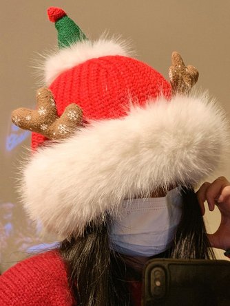Cute Christmas Antlers Red Plush Hat Women's Winter Warm Thickened Ear Protection Beanie - Image 5