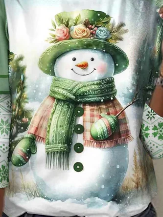 Casual Christmas Snowman Crew Neck Long Sleeve T-shirt - Image 2