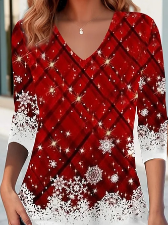Casual Christmas V Neck Long Sleeve T-shirt - Image 3
