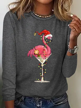 Crew Neck Long Sleeve Flamingo Regular Medium Elasticity Loose Blouse For Women - Image 4