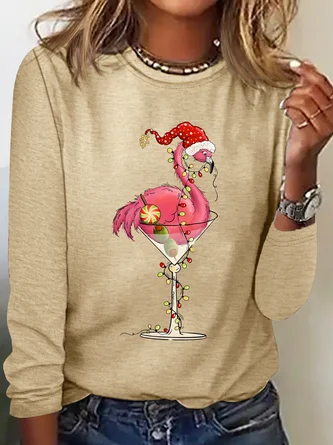 Crew Neck Long Sleeve Flamingo Regular Medium Elasticity Loose Blouse For Women - Image 8
