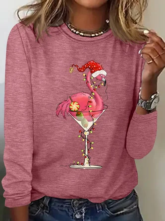 Crew Neck Long Sleeve Flamingo Regular Medium Elasticity Loose Blouse For Women - Image 6