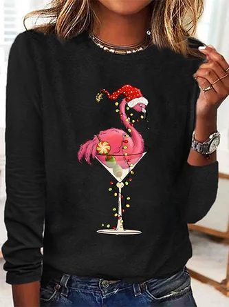 Crew Neck Long Sleeve Flamingo Regular Medium Elasticity Loose Blouse For Women - Image 3