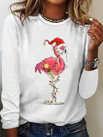 Crew Neck Long Sleeve Flamingo Regular Medium Elasticity Loose Blouse For Women - Image 7