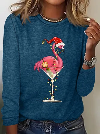 Crew Neck Long Sleeve Flamingo Regular Medium Elasticity Loose Blouse For Women - Image 5