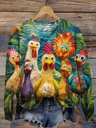 Colorful Chicken Patchwork Print Casual Cotton Sweatshirt main image 0