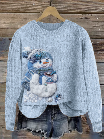 Women Wool/Knitting Cute Snowman Print Long Sleeve Comfy Casual Sweater - Image 2