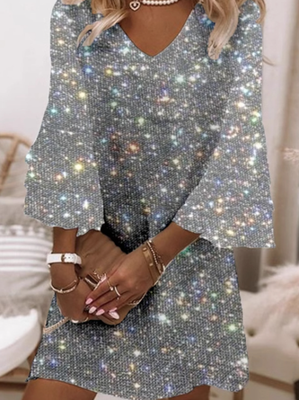 Women Abstract V Neck Three Quarter Sleeve Comfy Casual Mini Dress - Image 2