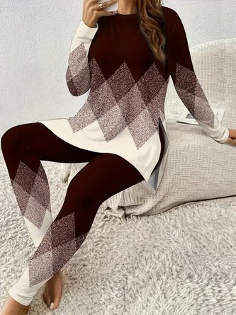 Women Geometric Two-Piece Set Daily Long Sleeve Casual Spring/Fall Top With Pants Matching Set - Image 2