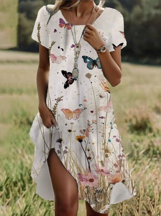 Women Floral Crew Neck Short Sleeve Comfy Casual Midi Dress | noracora