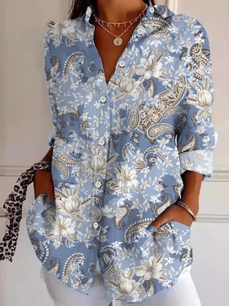 Retro Cashew Flower Print Long-sleeved Floral Shirt
