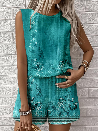Women Geometric Two-Piece Set Daily Sleeveless Vintage Summer Multi