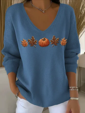 Women Cotton Maple Leaf Pumpkin Print Long Sleeve Comfy Casual Sweater - Image 2