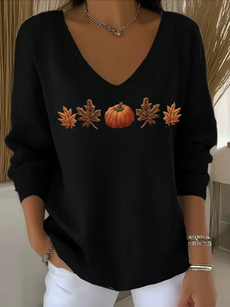 Women Cotton Maple Leaf Pumpkin Print Long Sleeve Comfy Casual Sweater - Image 3
