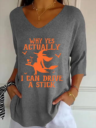 Vintage Halloween Witch Print V Neck Three Quarter Sleeve T-shirt - Image 4