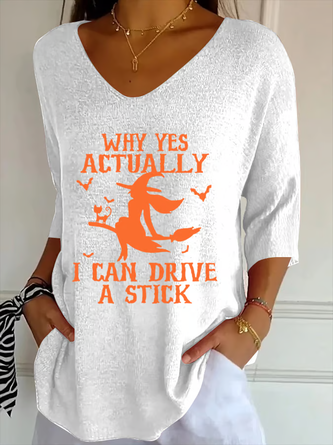 Vintage Halloween Witch Print V Neck Three Quarter Sleeve T-shirt - Image 3