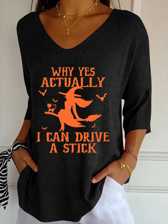 Vintage Halloween Witch Print V Neck Three Quarter Sleeve T-shirt - Image 2