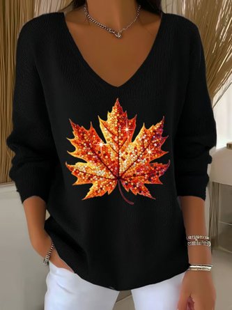 Women Cotton Maple Leaf Retro Ethnic Print Long Sleeve Comfy Sweater - Image 4