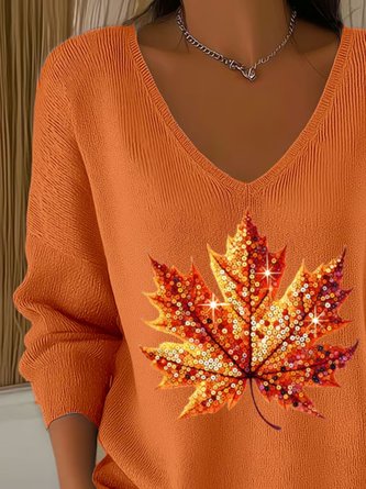 Women Cotton Maple Leaf Retro Ethnic Print Long Sleeve Comfy Sweater - Image 5