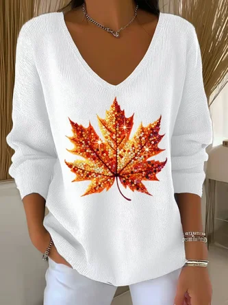 Women Cotton Maple Leaf Retro Ethnic Print Long Sleeve Comfy Sweater - Image 3