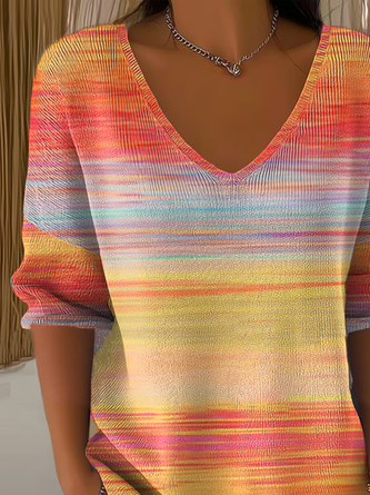 Vintage Striped V Neck Three Quarter Sleeve T-shirt - Image 2