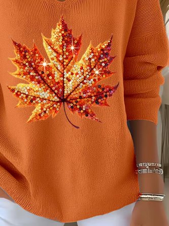 Women Cotton Maple Leaf Retro Ethnic Print Long Sleeve Comfy Sweater - Image 6