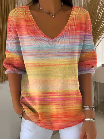 Vintage Striped V Neck Three Quarter Sleeve T-shirt