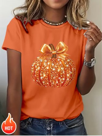 Vintage Halloween Pumpkin Print Crew Neck Short Sleeve T-shirt