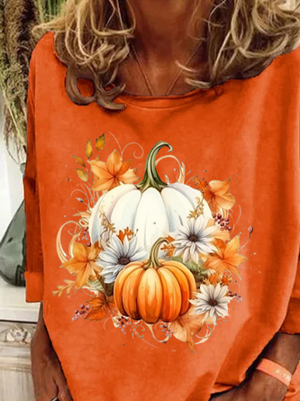 Halloween Pumpkin Print Sweatshirt Casual Floral Crew Neck Long Sleeve T-shirt - Image 3