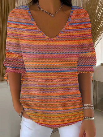 Vintage Striped V Neck Three Quarter Sleeve T-shirt - Image 4