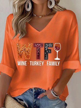 Casual Christmas Glass V Neck 3/4 Length Sleeve T-shirt