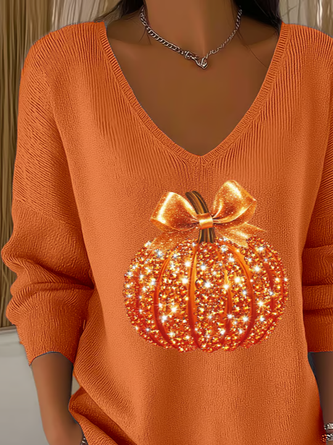 Casual Halloween Sequin Pumpkin Print V Neck Long Sleeve T-shirt 4 Casual Halloween Sequin Pumpkin Print V Neck Long Sleeve T-shirt - Image 4