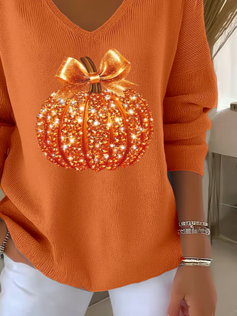 Casual Halloween Sequin Pumpkin Print V Neck Long Sleeve T-shirt 5 Casual Halloween Sequin Pumpkin Print V Neck Long Sleeve T-shirt - Image 5