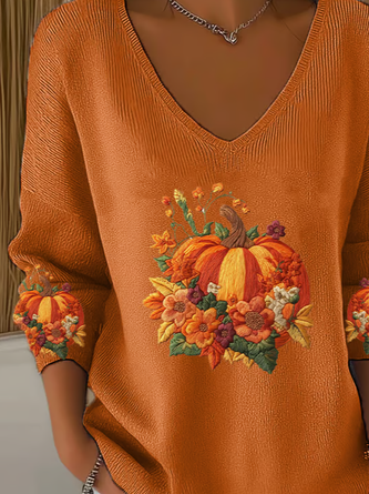Halloween Pumpkin Print Casual Floral V Neck Long Sleeve T-shirt - Image 3