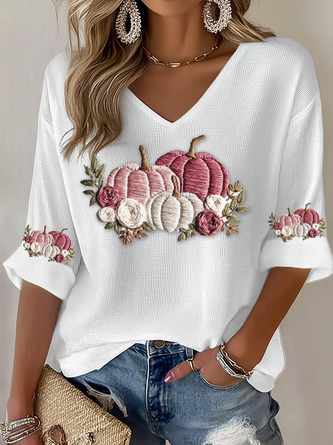 Casual 3D Printing V Neck Three Quarter Sleeve T-shirt - Image 2