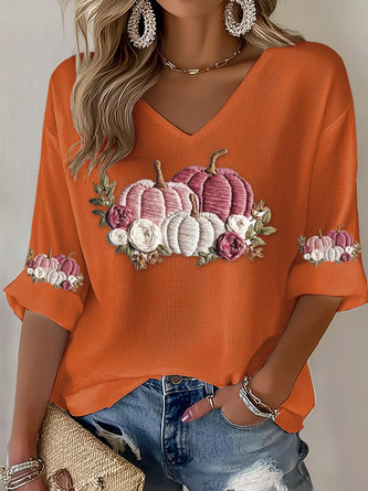 Casual 3D Printing V Neck Three Quarter Sleeve T-shirt - Image 3