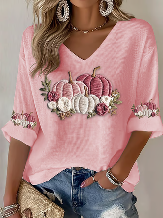 Casual 3D Printing V Neck Three Quarter Sleeve T-shirt