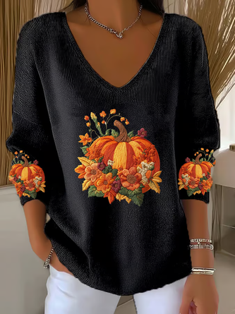 Halloween Pumpkin Print Casual Floral V Neck Long Sleeve T-shirt - Image 2