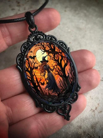 Vintage Gothic Halloween Bat Witch Pendant Necklace - Image 2