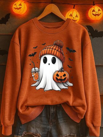 Vintage Crew Neck Halloween Cute Ghost Print Sweatshirt