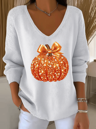 Casual Halloween Sequin Pumpkin Print V Neck Long Sleeve T-shirt 3 Casual Halloween Sequin Pumpkin Print V Neck Long Sleeve T-shirt - Image 3