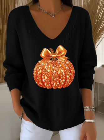 Casual Halloween Sequin Pumpkin Print V Neck Long Sleeve T-shirt 2 Casual Halloween Sequin Pumpkin Print V Neck Long Sleeve T-shirt - Image 2