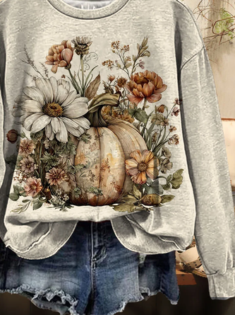 Casual Crew Neck Floral Sweatshirt Printing - Image 3