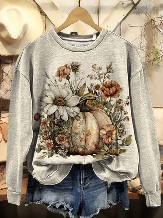 Casual Crew Neck Floral Sweatshirt Printing