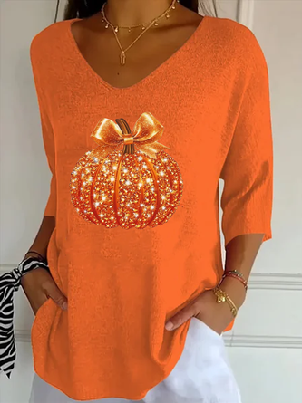Vintage Halloween Witch Print V Neck Three Quarter Sleeve T-shirt - Image 6