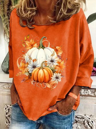Halloween Pumpkin Print Sweatshirt Casual Floral Crew Neck Long Sleeve T-shirt
